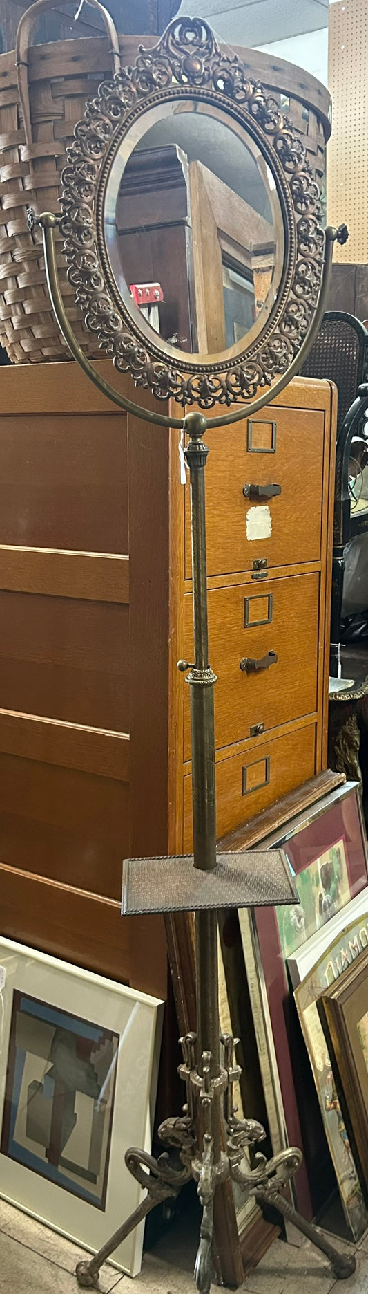 ANTIQUE FLOOR SHAVING MIRROR BRASS STAND