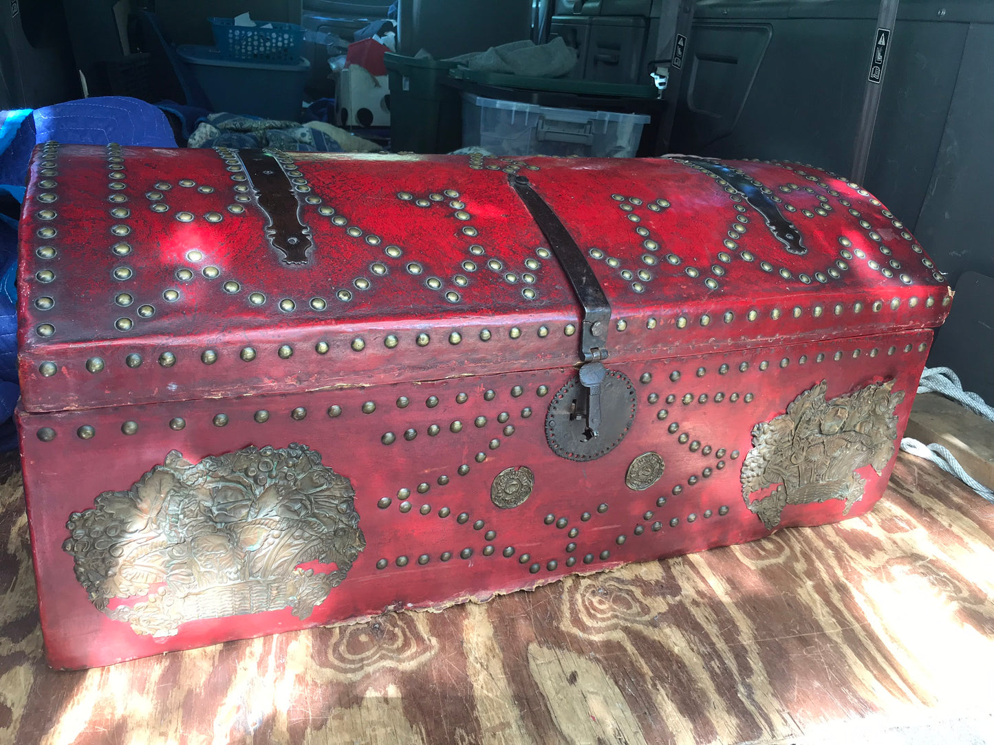 1700'S RED LEATHER TRUNK