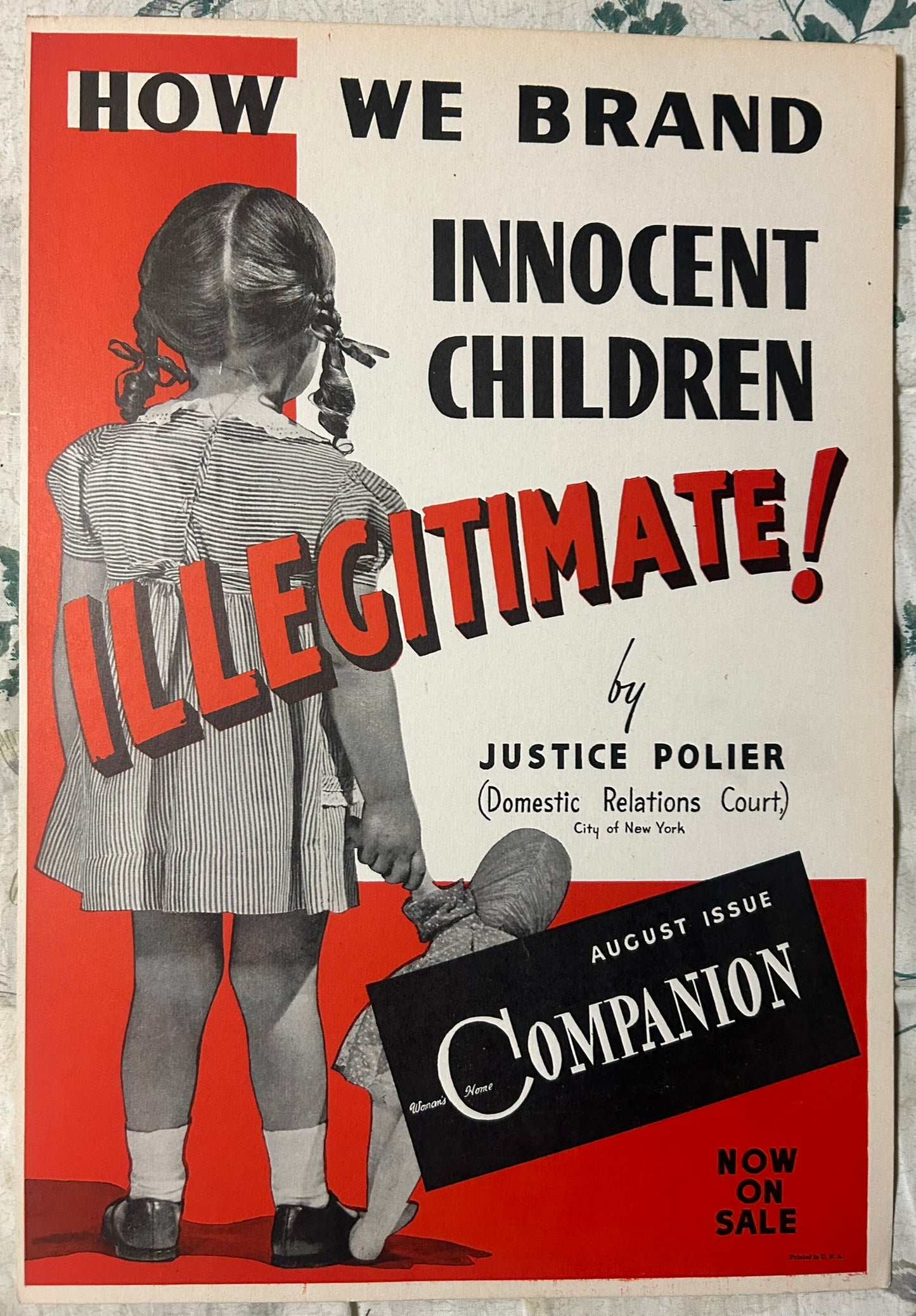 1940's POSTER "HOW WE BRAND INNOCENT CHILDREN ILLEGITIMATE''