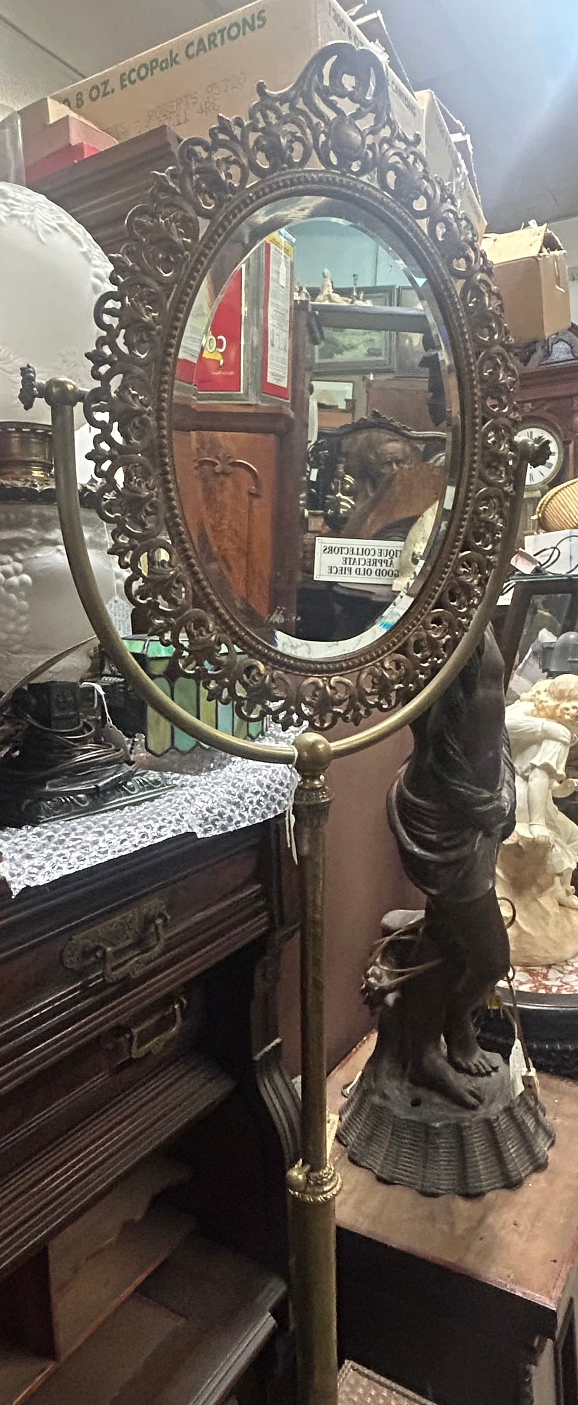 ANTIQUE FLOOR SHAVING MIRROR BRASS STAND