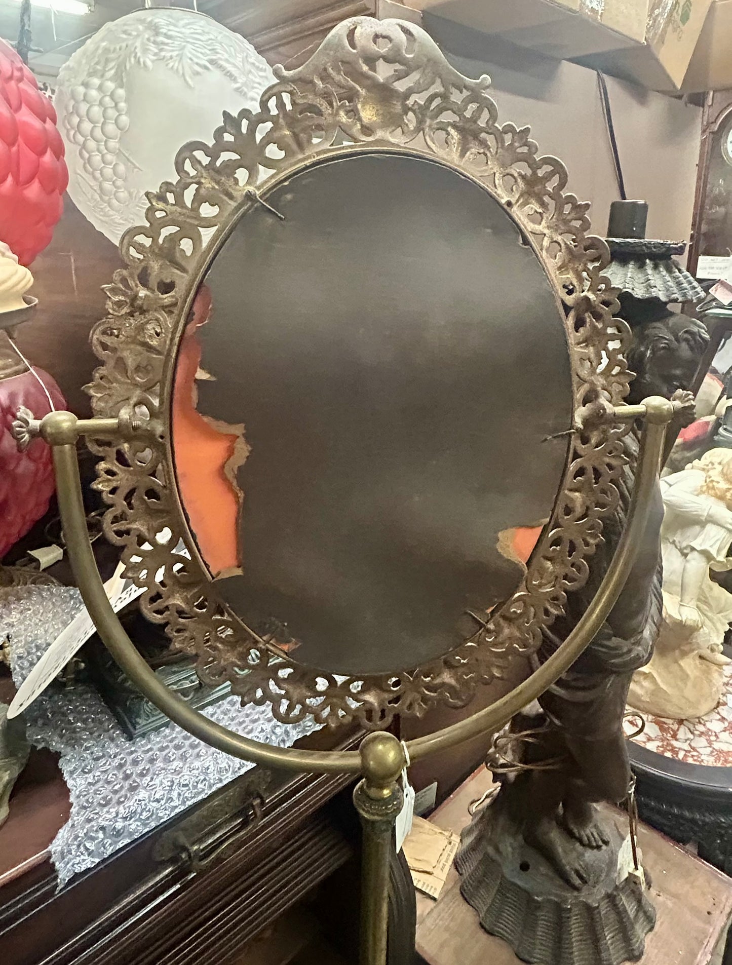 ANTIQUE FLOOR SHAVING MIRROR BRASS STAND
