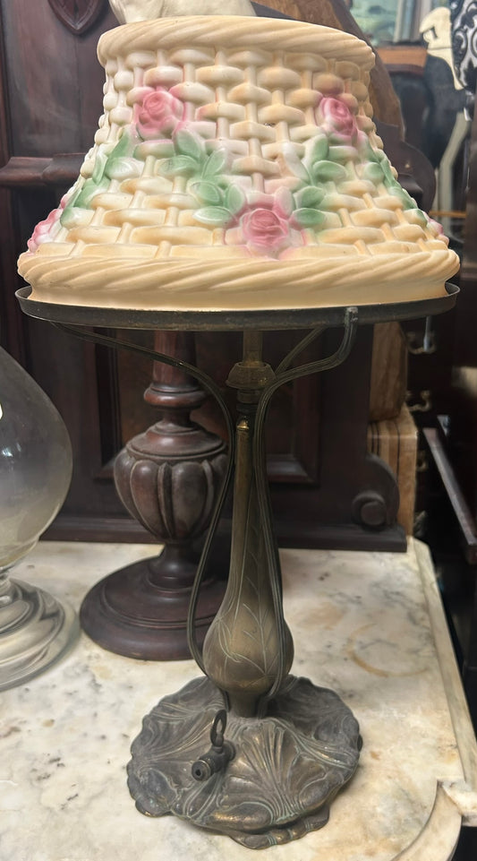 ANTIQUE LAMP WITH BASKET DESIGN GLASS SHADE
