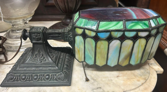 ANTIQUE LEADED STAIN GLASS PIANO OR DESK LAMP