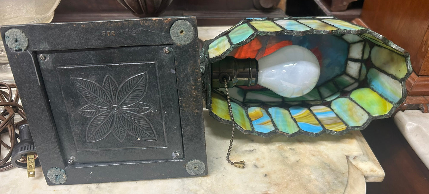 ANTIQUE LEADED STAIN GLASS PIANO OR DESK LAMP