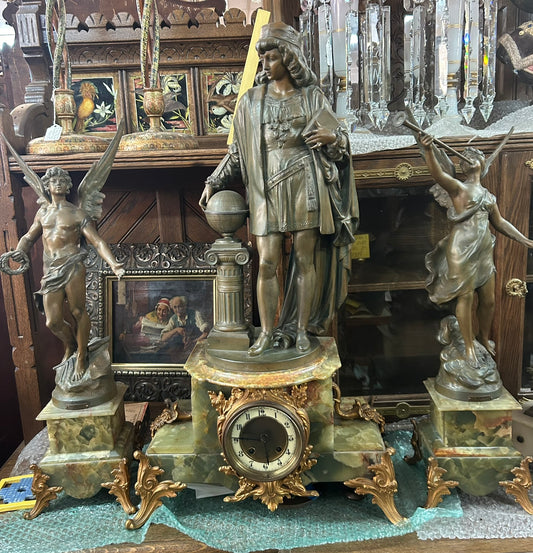 ANTIQUE LARGE THREE PIECE FIGURAL CLOCK SET FOR SALE