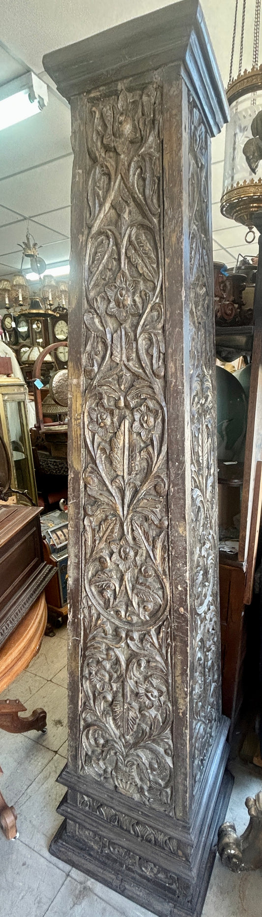 ANTIQUE CARVED LEAF AND FLORAL PAIR WOODEN  TAPERED COLUMNS