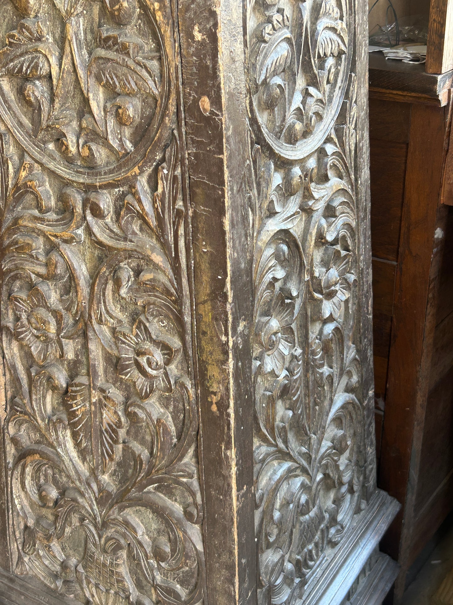 ANTIQUE CARVED LEAF AND FLORAL PAIR WOODEN  TAPERED COLUMNS