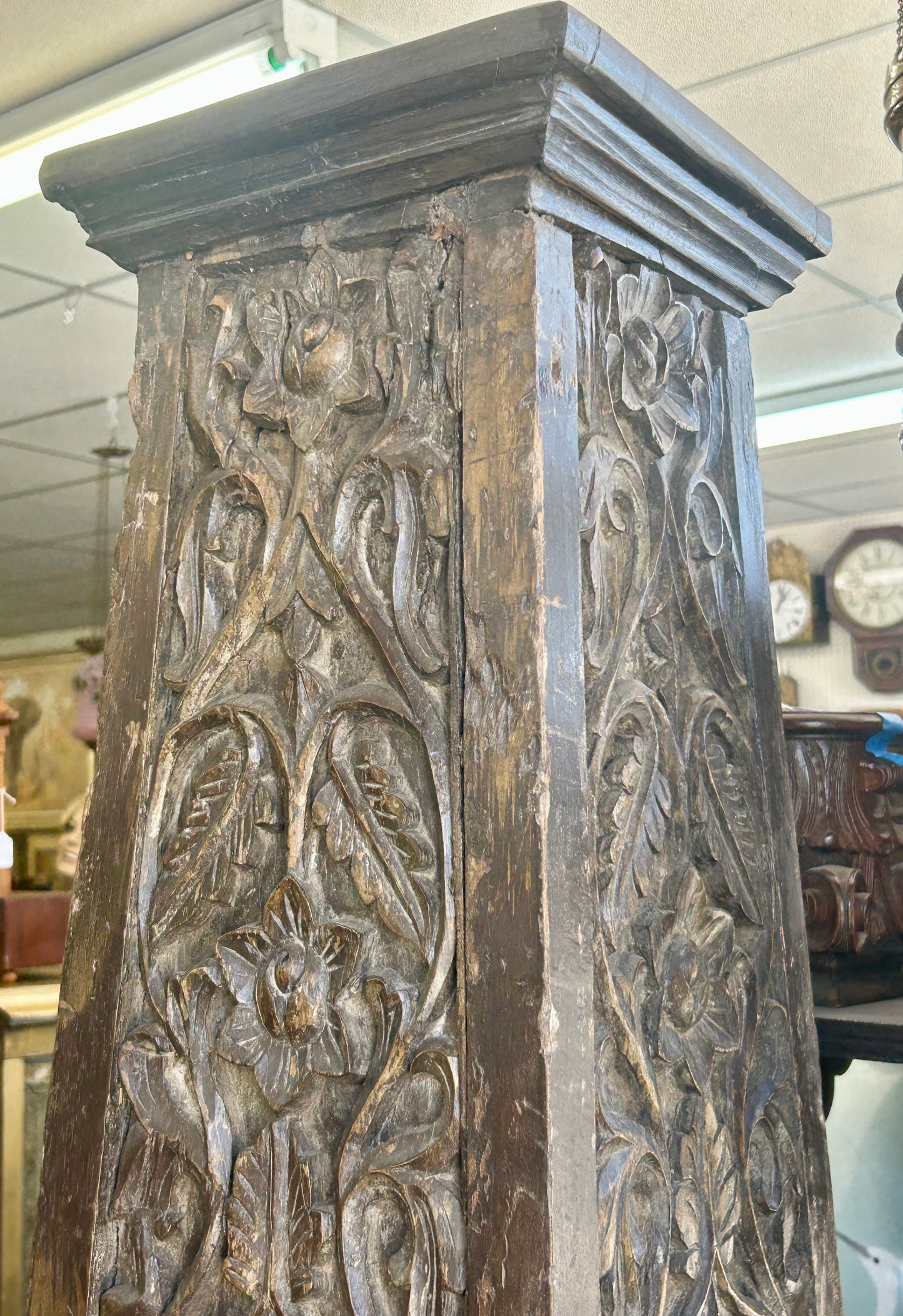 ANTIQUE CARVED LEAF AND FLORAL PAIR WOODEN  TAPERED COLUMNS