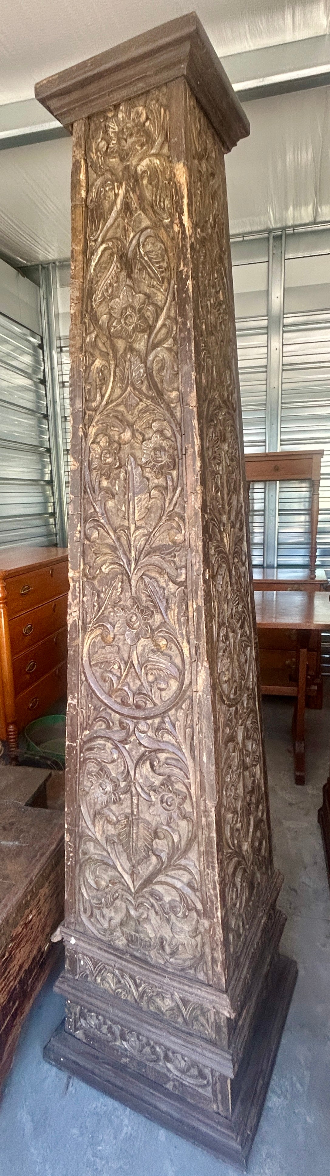 ANTIQUE CARVED LEAF AND FLORAL PAIR WOODEN  TAPERED COLUMNS