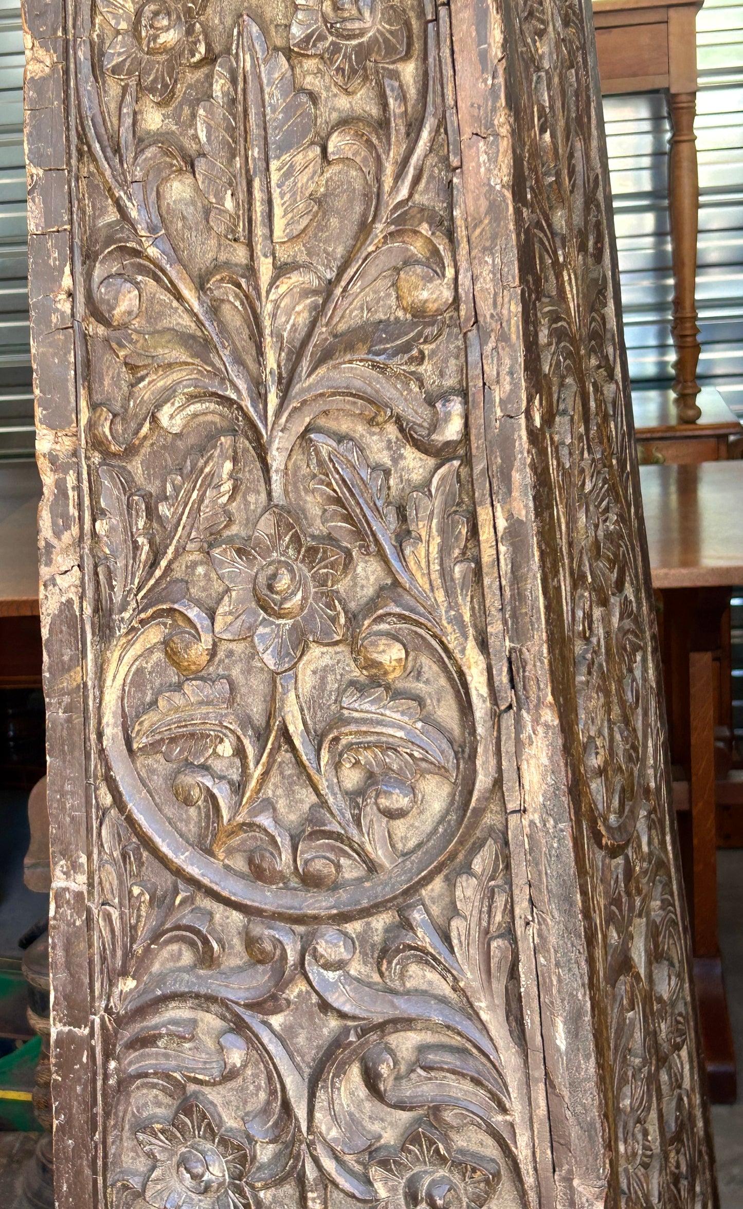 ANTIQUE CARVED LEAF AND FLORAL PAIR WOODEN  TAPERED COLUMNS
