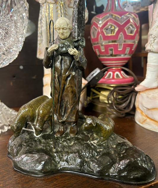 ANTIQUE FIGURAL BRONZE AND IVORY SHEPARD LAMP