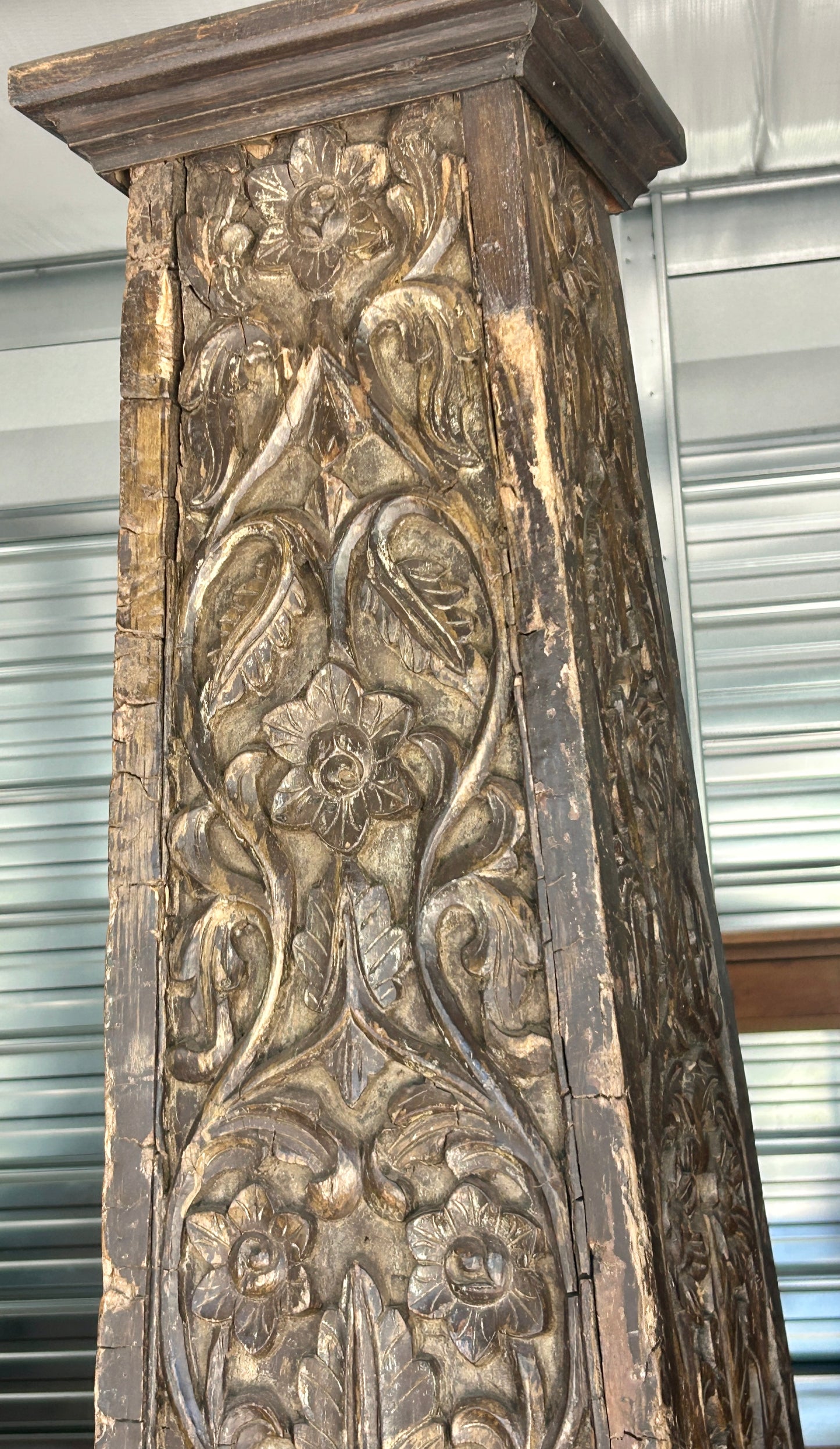 ANTIQUE CARVED LEAF AND FLORAL PAIR WOODEN  TAPERED COLUMNS