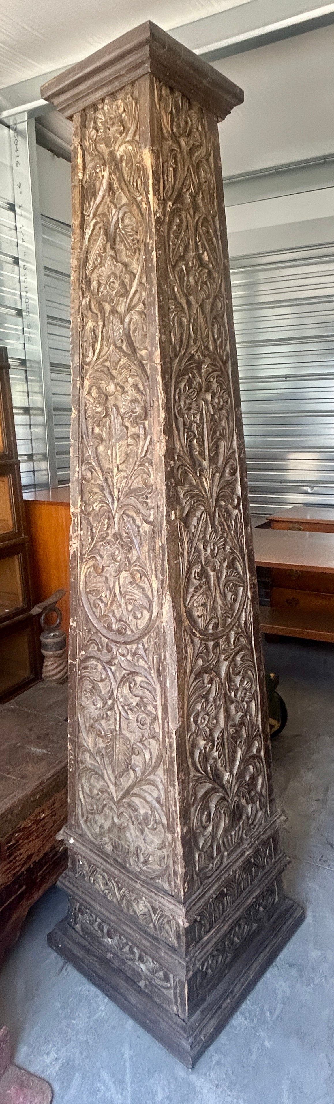 ANTIQUE CARVED LEAF AND FLORAL PAIR WOODEN  TAPERED COLUMNS