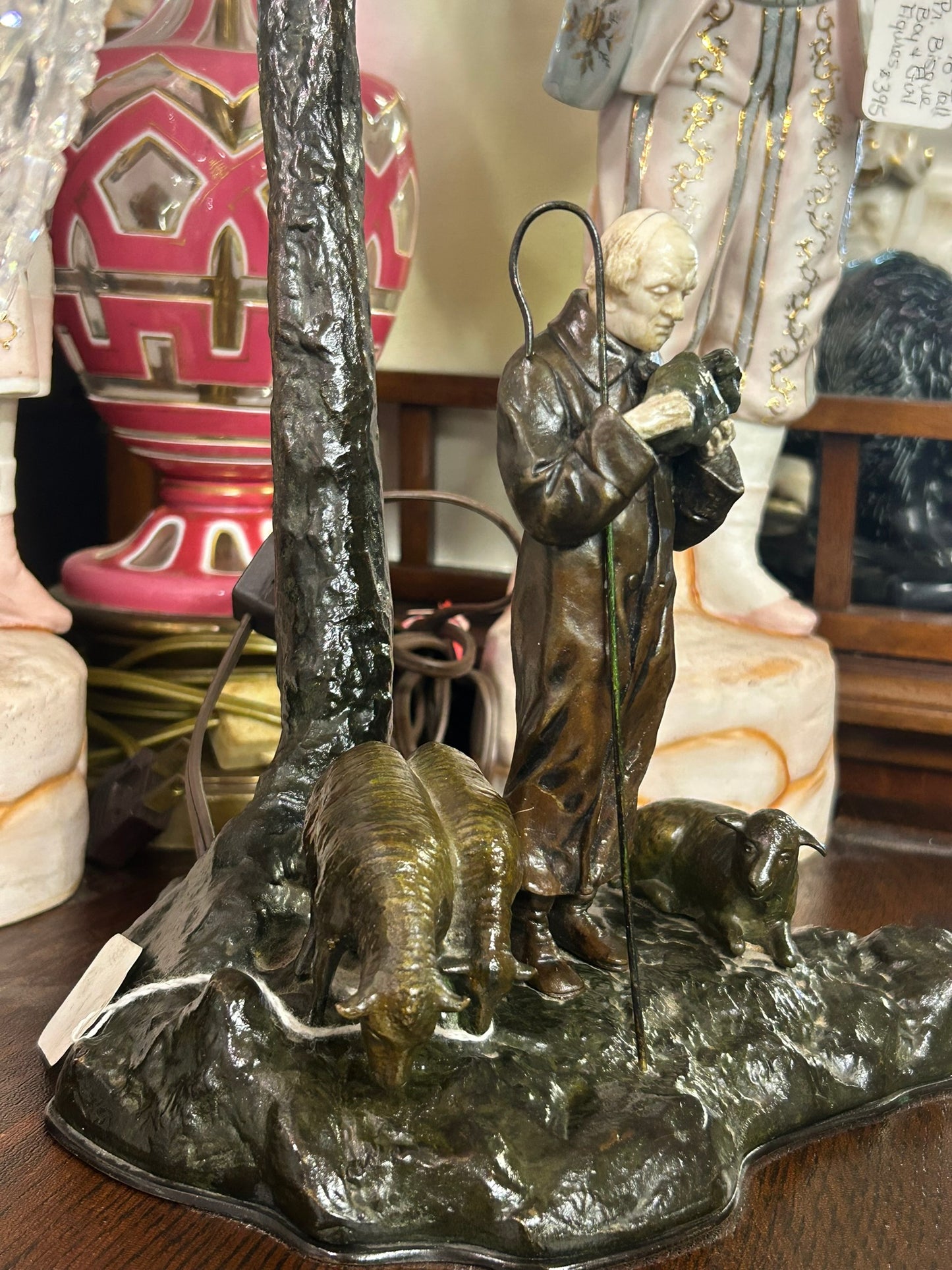 ANTIQUE FIGURAL BRONZE AND IVORY SHEPARD LAMP