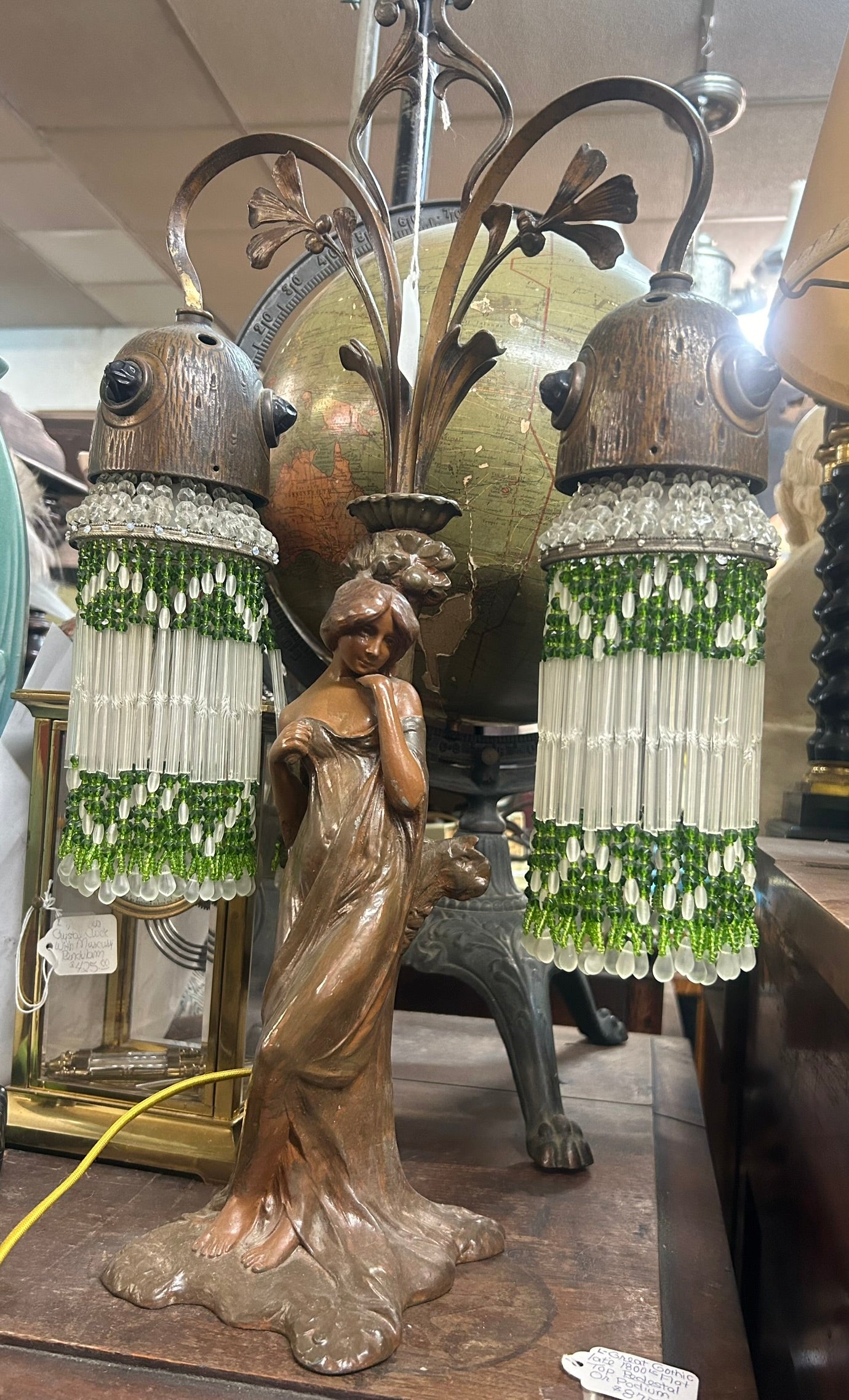 ANTIQUE DOUBLE SHADE FIGURAL LAMP