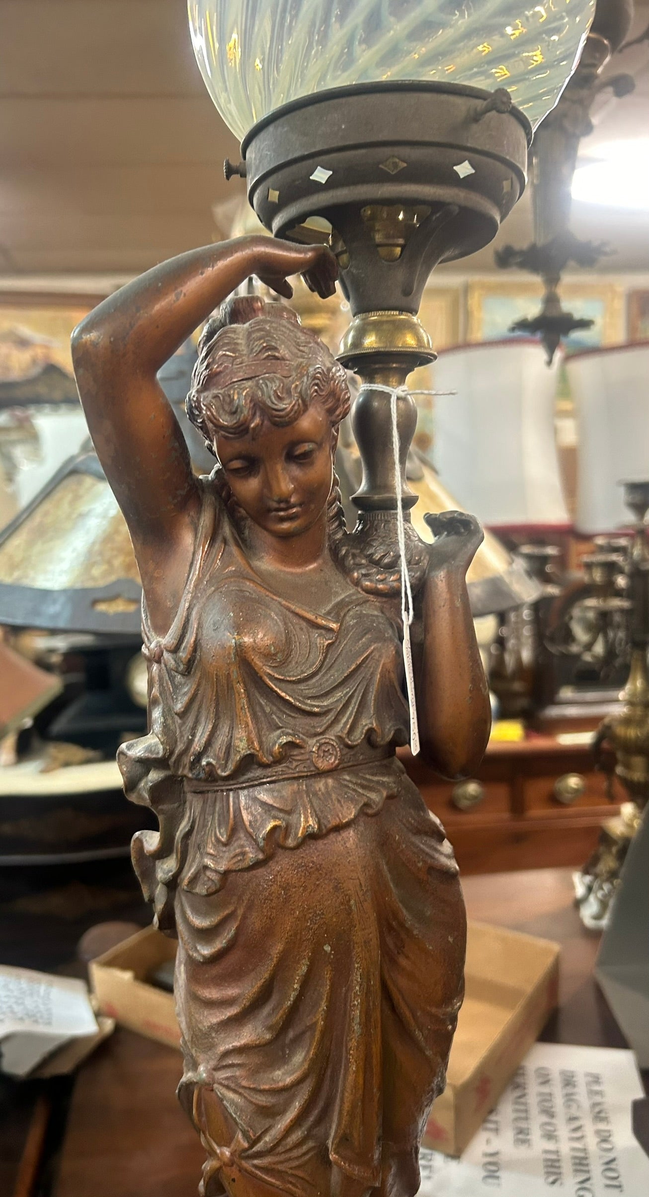 ANTIQUE FIGURAL LAMP WITH OPALESCENT SHADE