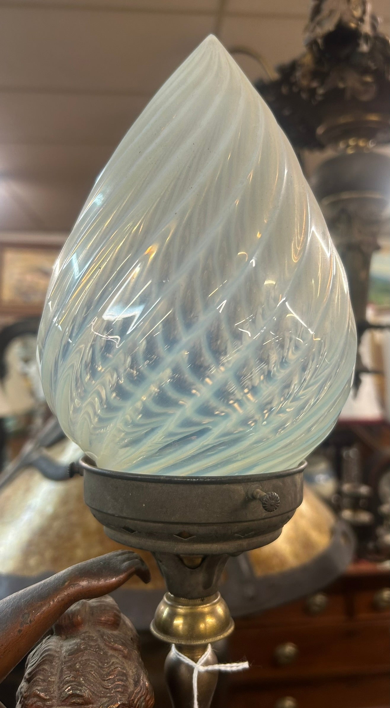 ANTIQUE FIGURAL LAMP WITH OPALESCENT SHADE