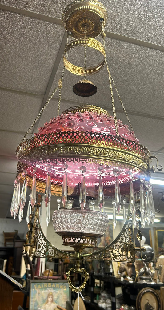 ANTIQUE CRANBERRY SHADE HANGING LIBRARY LAMP