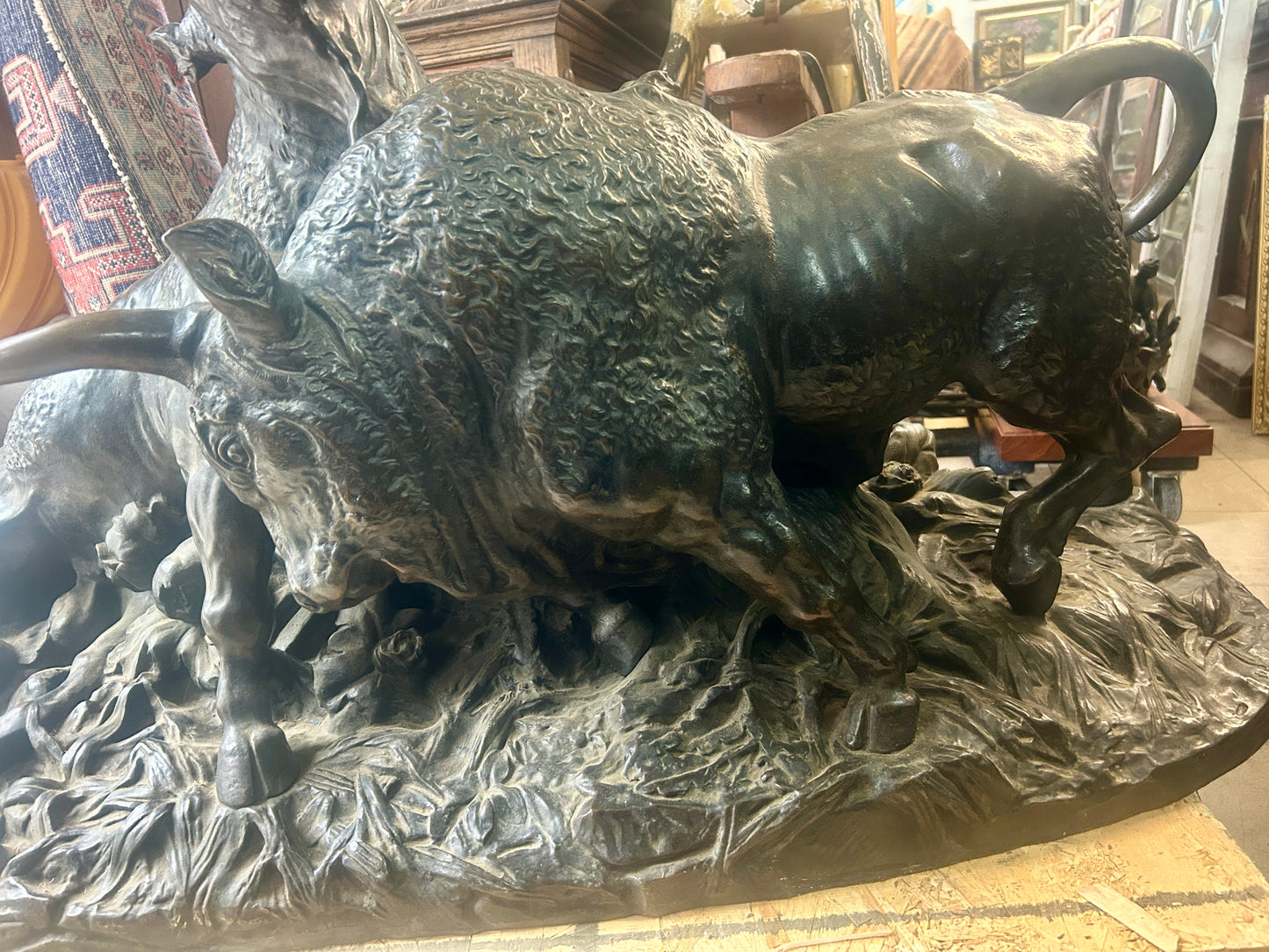 FIGHTING BULLS MONUMENTAL BRONZE JEAN BAPTISTE CLESINGER SCULPTURE.