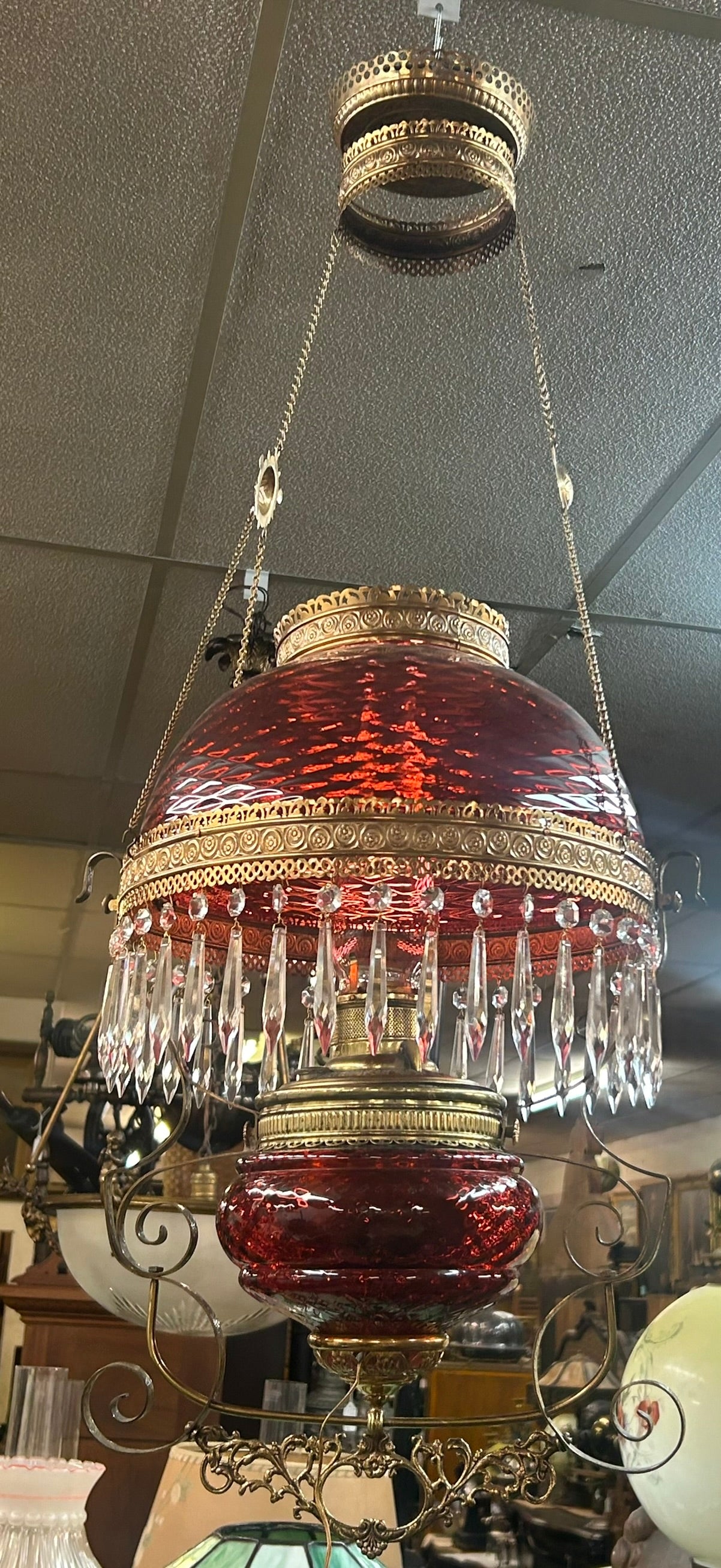 ANTIQUE CRANBERRY GLASS SHADE AND FOUNT HANGING LIBRARY LAMP