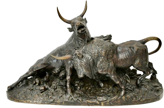 FIGHTING BULLS MONUMENTAL BRONZE JEAN BAPTISTE CLESINGER SCULPTURE.