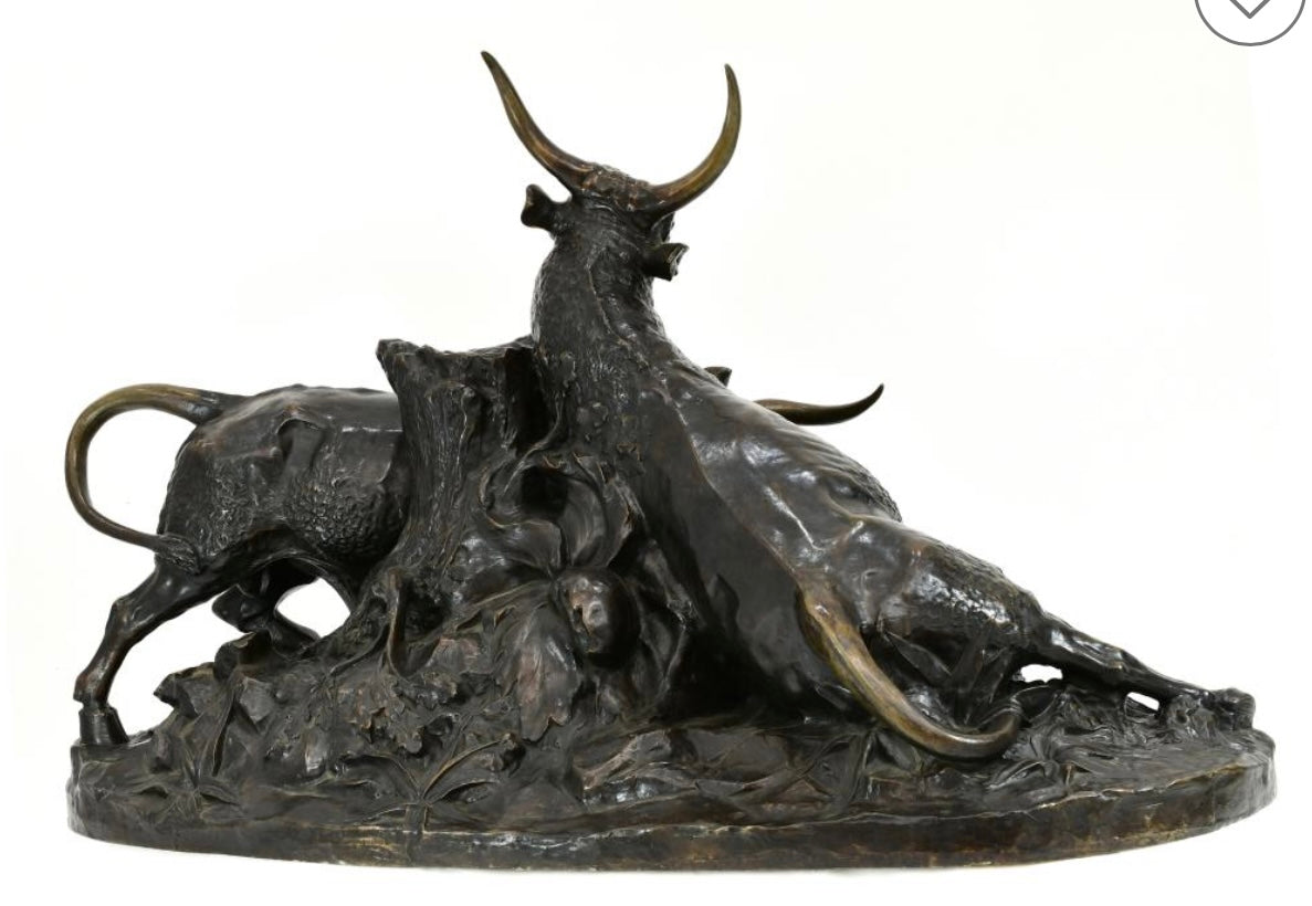 FIGHTING BULLS MONUMENTAL BRONZE JEAN BAPTISTE CLESINGER SCULPTURE.