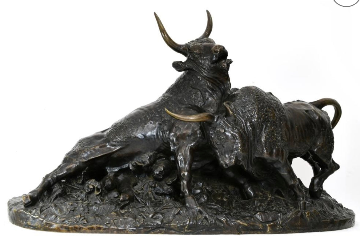 FIGHTING BULLS MONUMENTAL BRONZE JEAN BAPTISTE CLESINGER SCULPTURE.