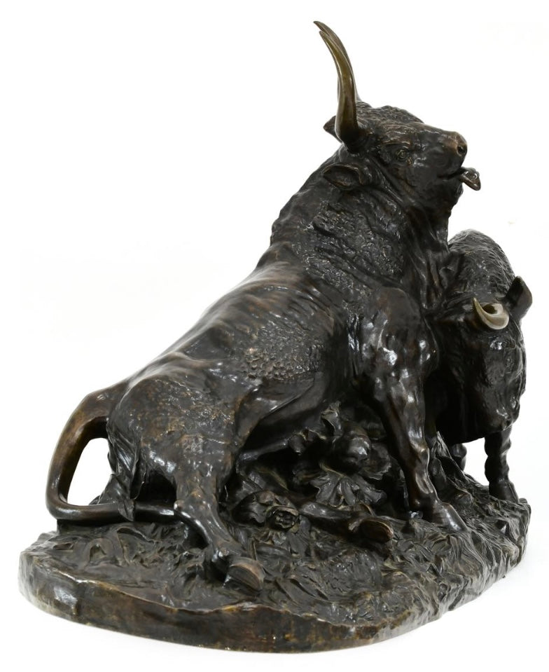 FIGHTING BULLS MONUMENTAL BRONZE JEAN BAPTISTE CLESINGER SCULPTURE.