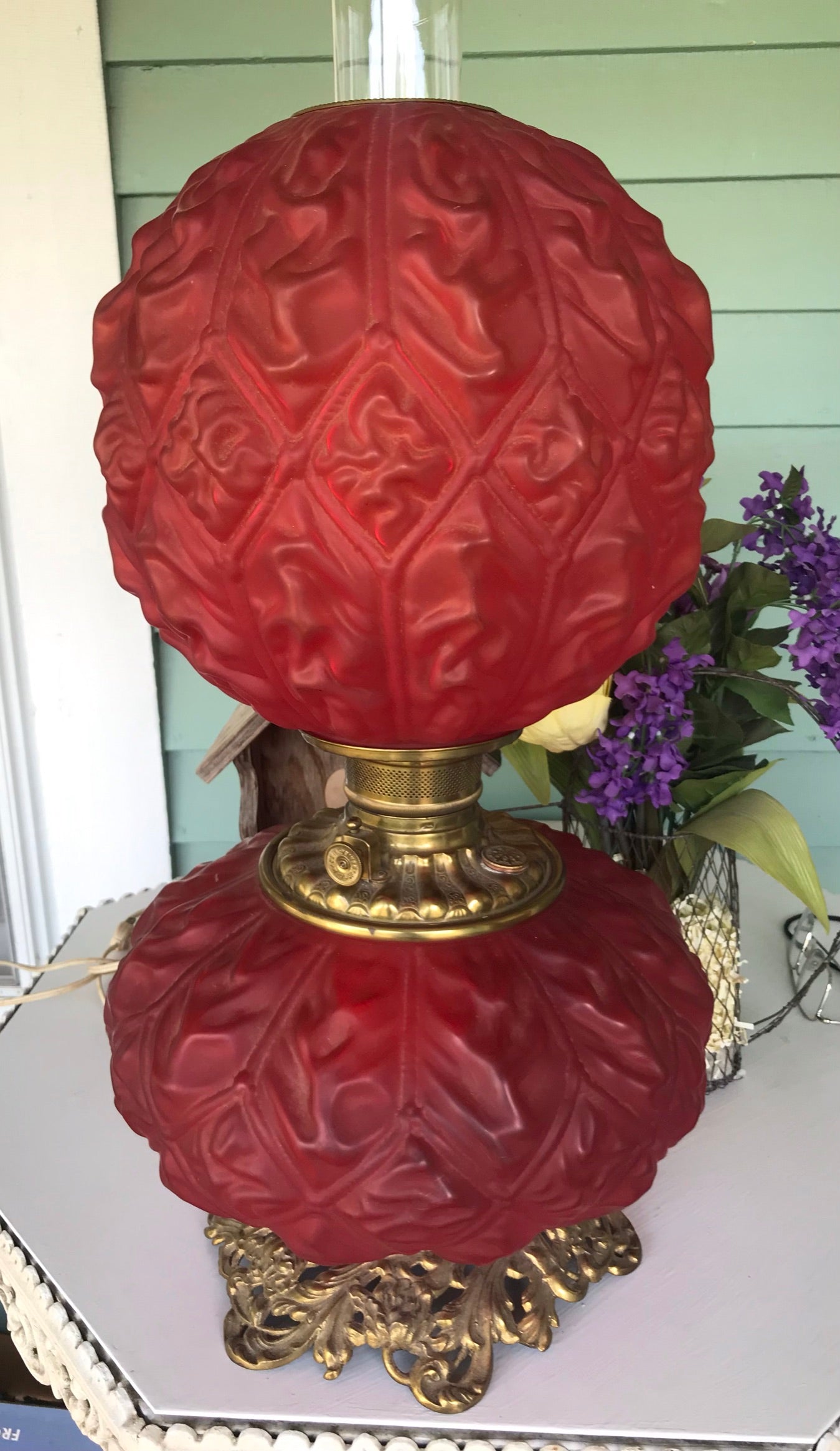 ANTIQUE RED SATIN CONSOLIDATED GONE WITH WIND STYLE LAMP