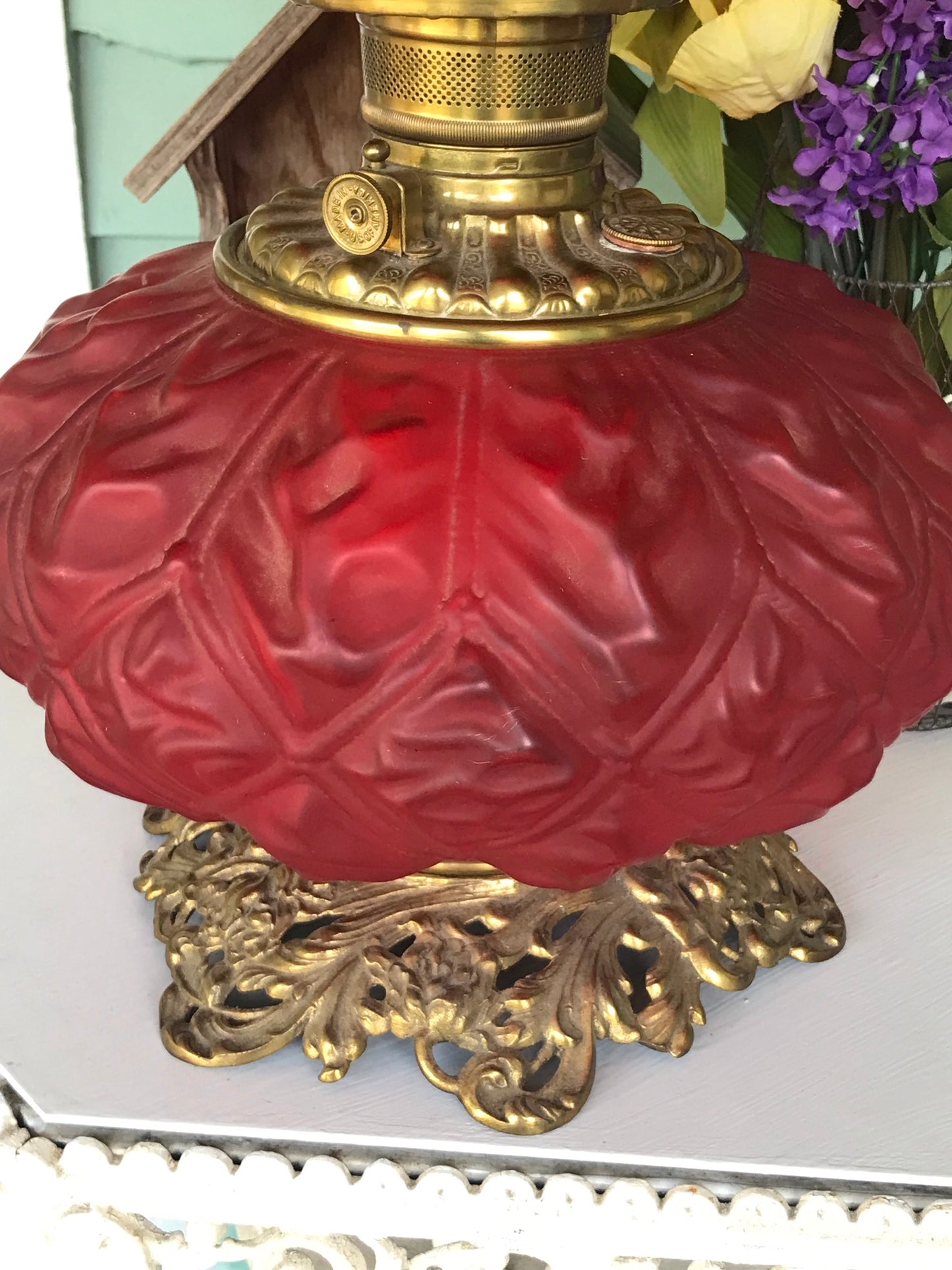 ANTIQUE RED SATIN CONSOLIDATED GONE WITH WIND STYLE LAMP