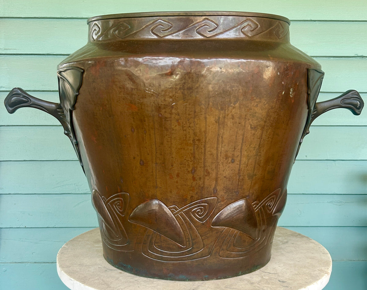 ANTIQUE LARGE JAPANESE COPPER URN WITH FIGURAL BAT HANDLES