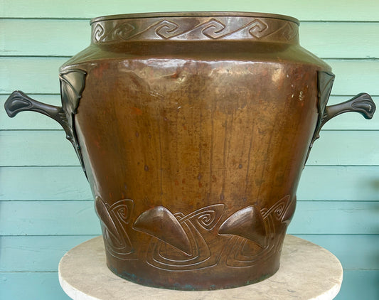 ANTIQUE LARGE JAPANESE COPPER URN WITH FIGURAL BAT HANDLES