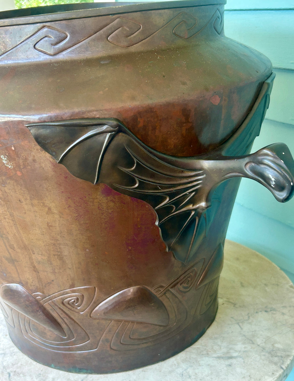 ANTIQUE LARGE JAPANESE COPPER URN WITH FIGURAL BAT HANDLES