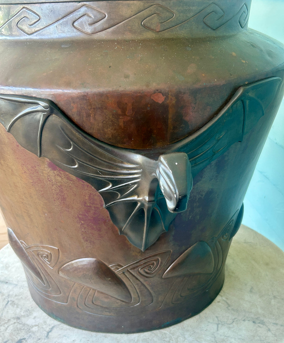 ANTIQUE LARGE JAPANESE COPPER URN WITH FIGURAL BAT HANDLES