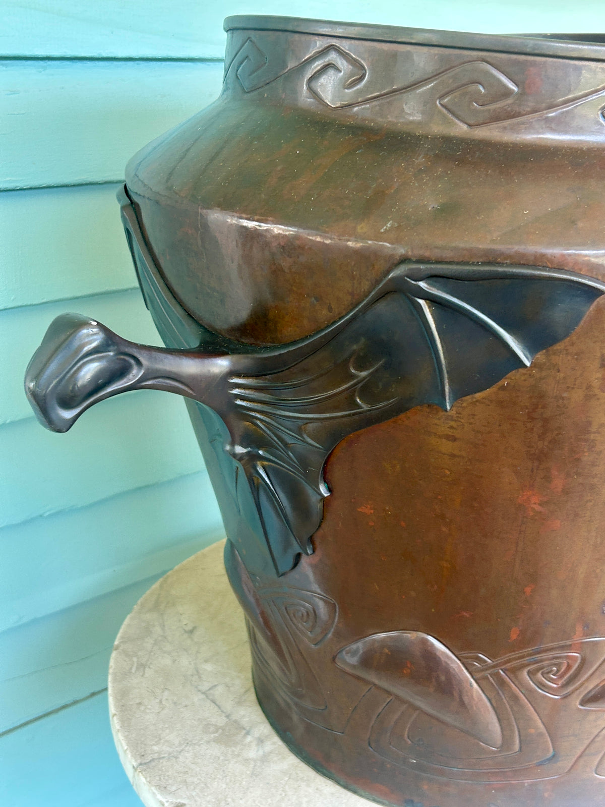 ANTIQUE LARGE JAPANESE COPPER URN WITH FIGURAL BAT HANDLES