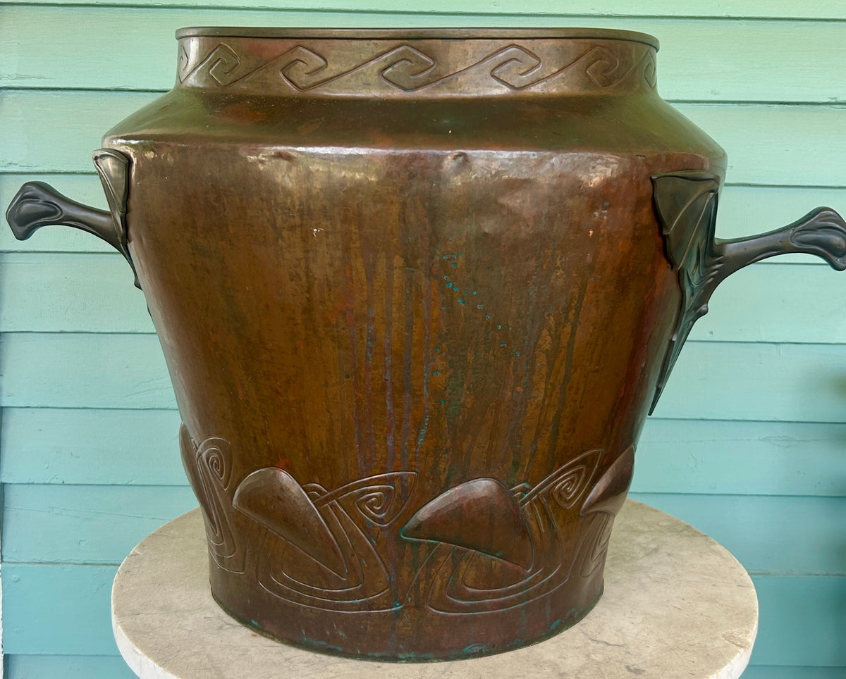 ANTIQUE LARGE JAPANESE COPPER URN WITH FIGURAL BAT HANDLES