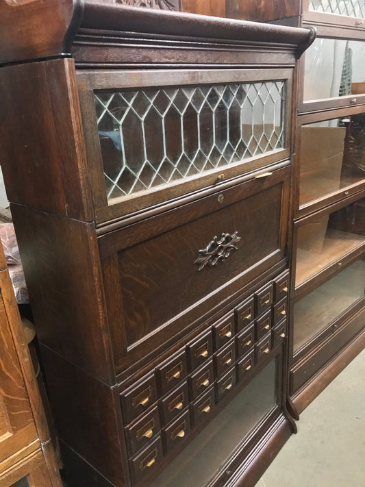 ANTIQUE OAK FOUR STACK BARRISTER BOOKCASE WITH FILE & DESK SECTION