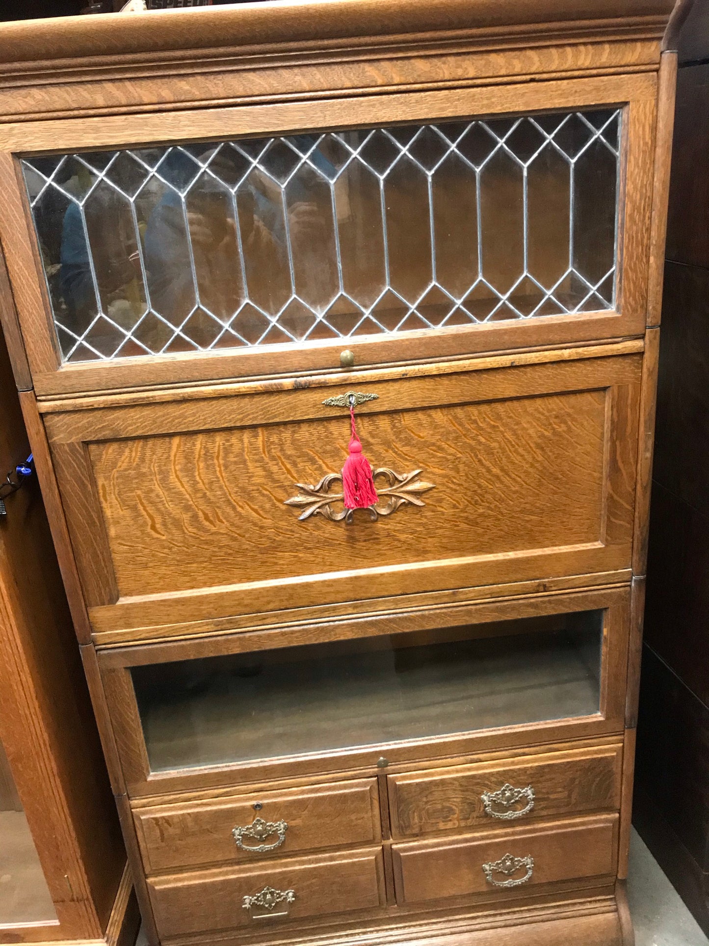 ANTIQUE FOUR STACK OAK BARRISTER BOOKCASE WITH DESK AND DRAWERS