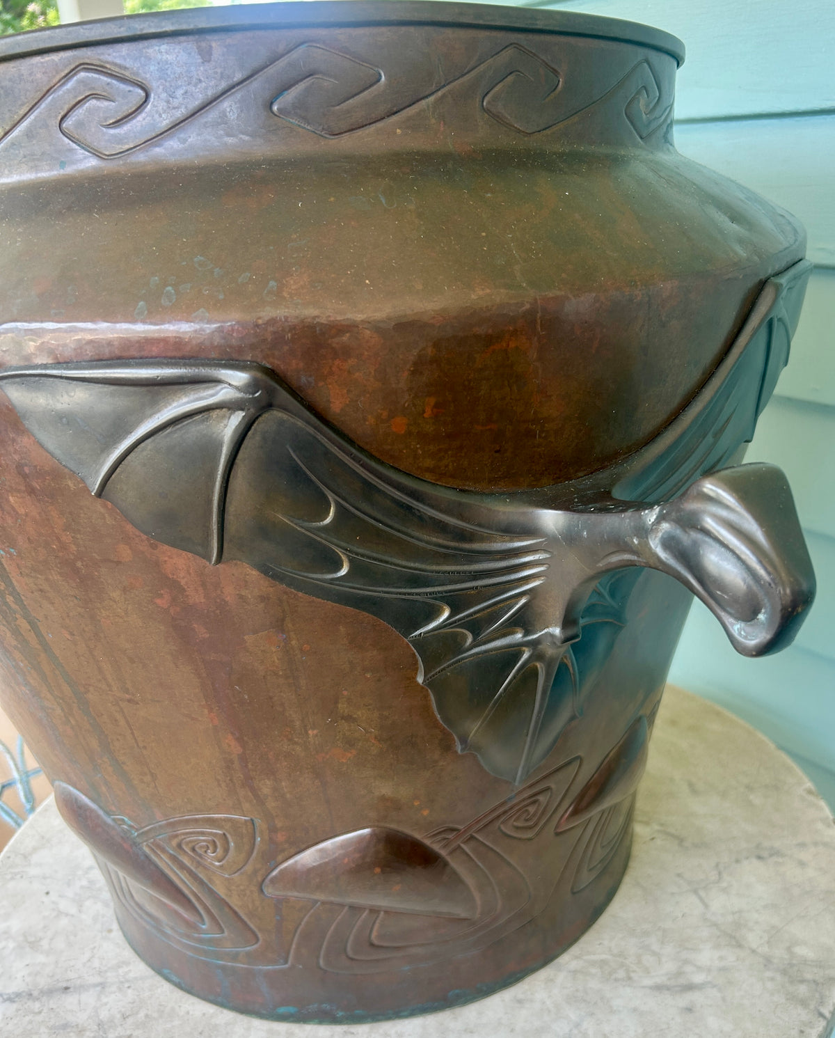 ANTIQUE LARGE JAPANESE COPPER URN WITH FIGURAL BAT HANDLES
