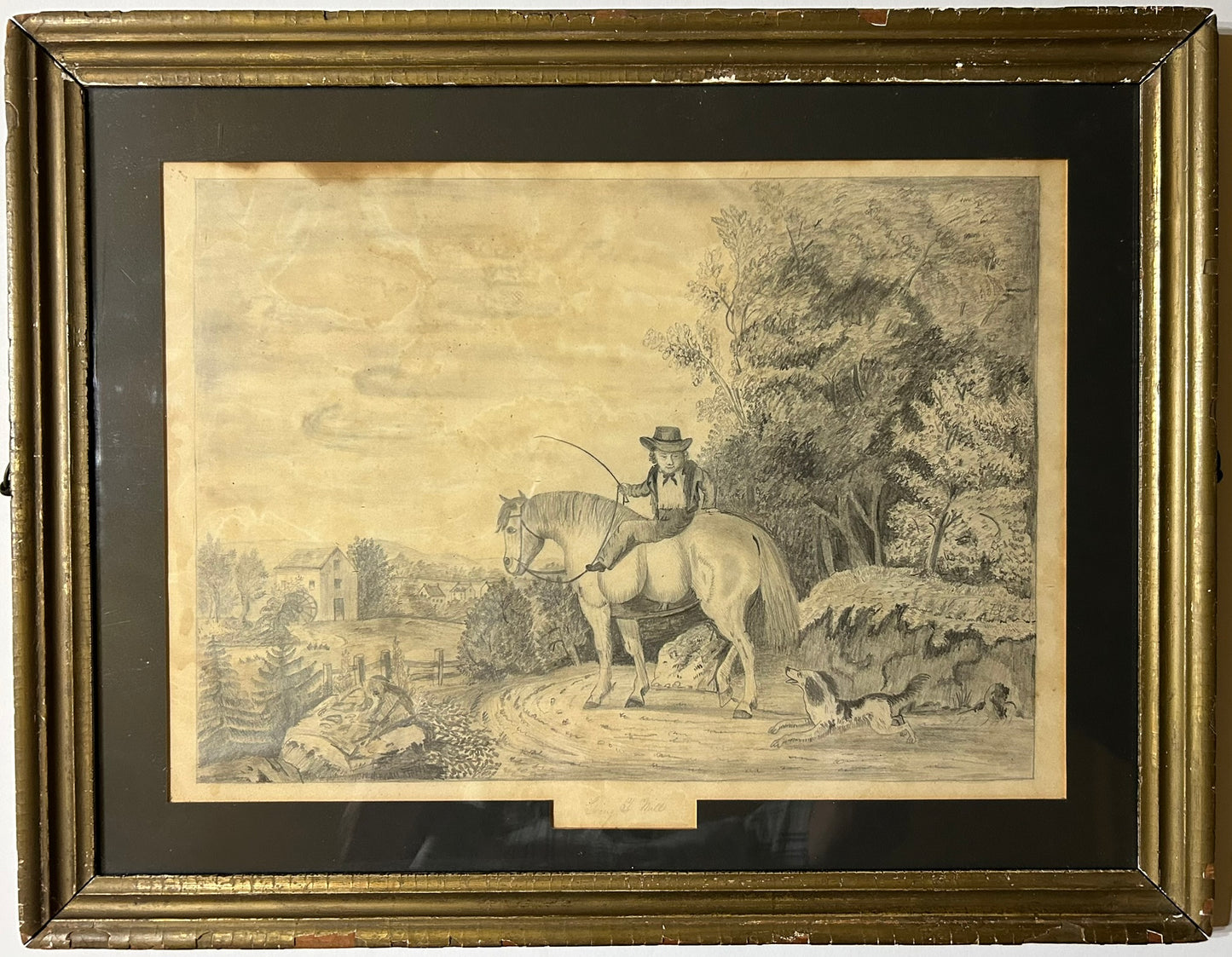 ANTIQUE FOLK ART DRAWING OF HORSE AND RIDER