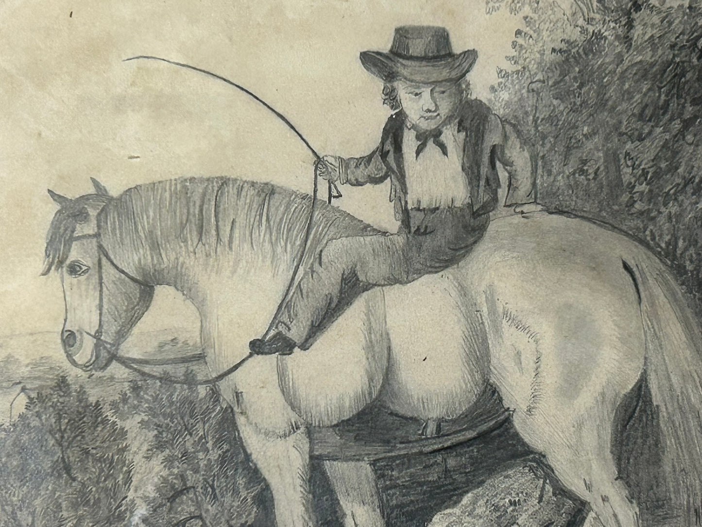 ANTIQUE FOLK ART DRAWING OF HORSE AND RIDER