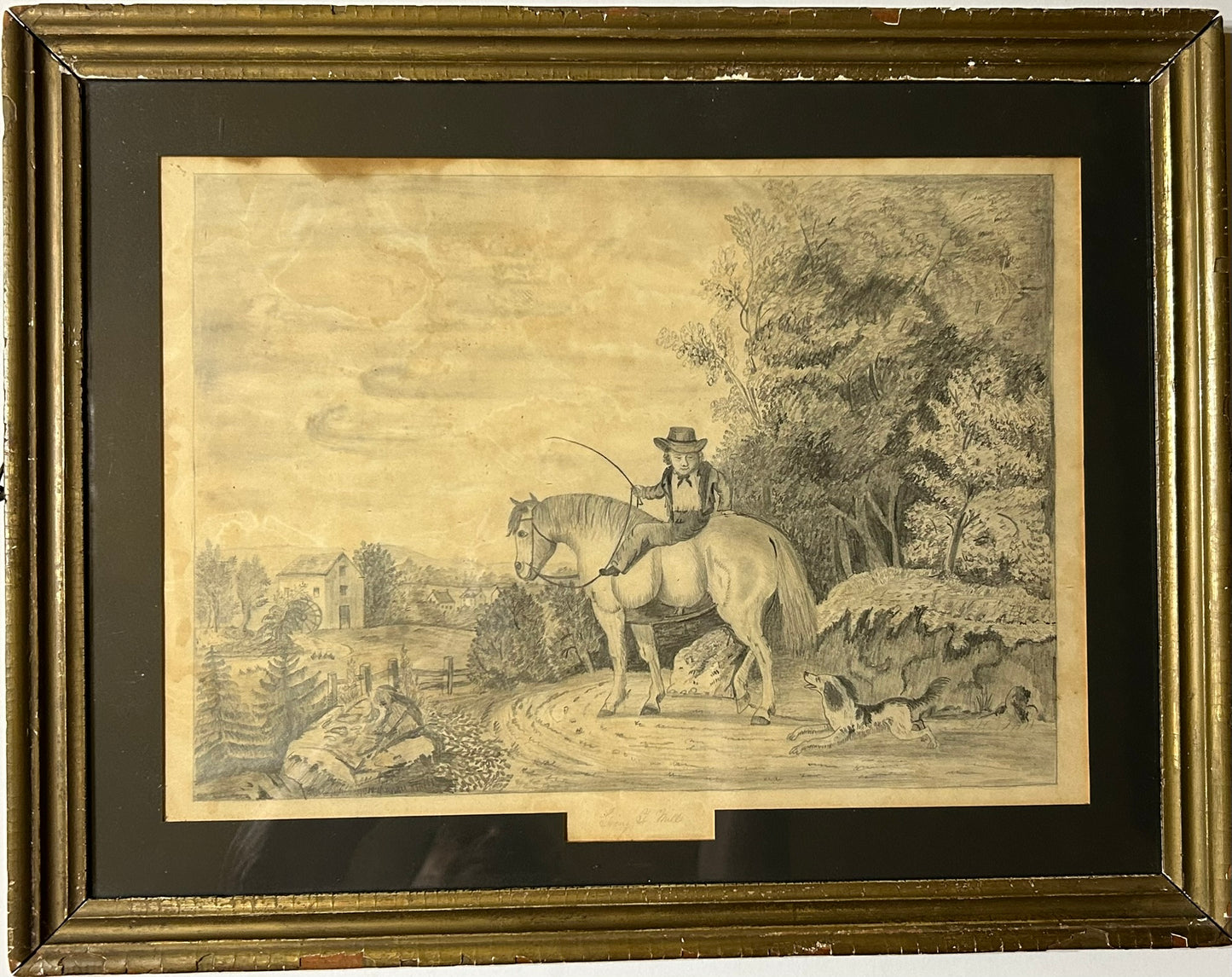 ANTIQUE FOLK ART DRAWING OF HORSE AND RIDER