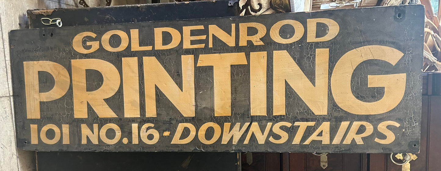 ANTIQUE GOLDENROD PRINTING DOUBLE SIDED WOODEN SIGN FROM LINCOLN NEBRASKA