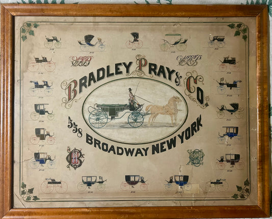 ANTIQUE SIGN FOR HORSE DRAWN CARRIAGES FOR BRADLEY PRAY & CO. NEW YORK 1870