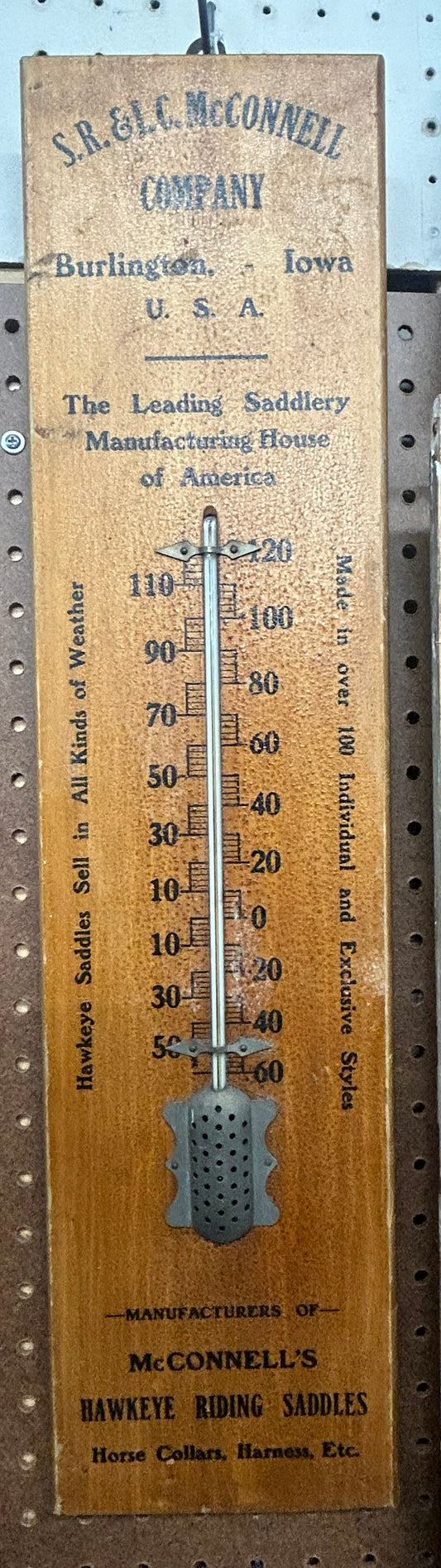 ANTIQUE WOOD ADVERTISING THERMOMETER FOR IOWA SADDLE MAKER MCCONNELL