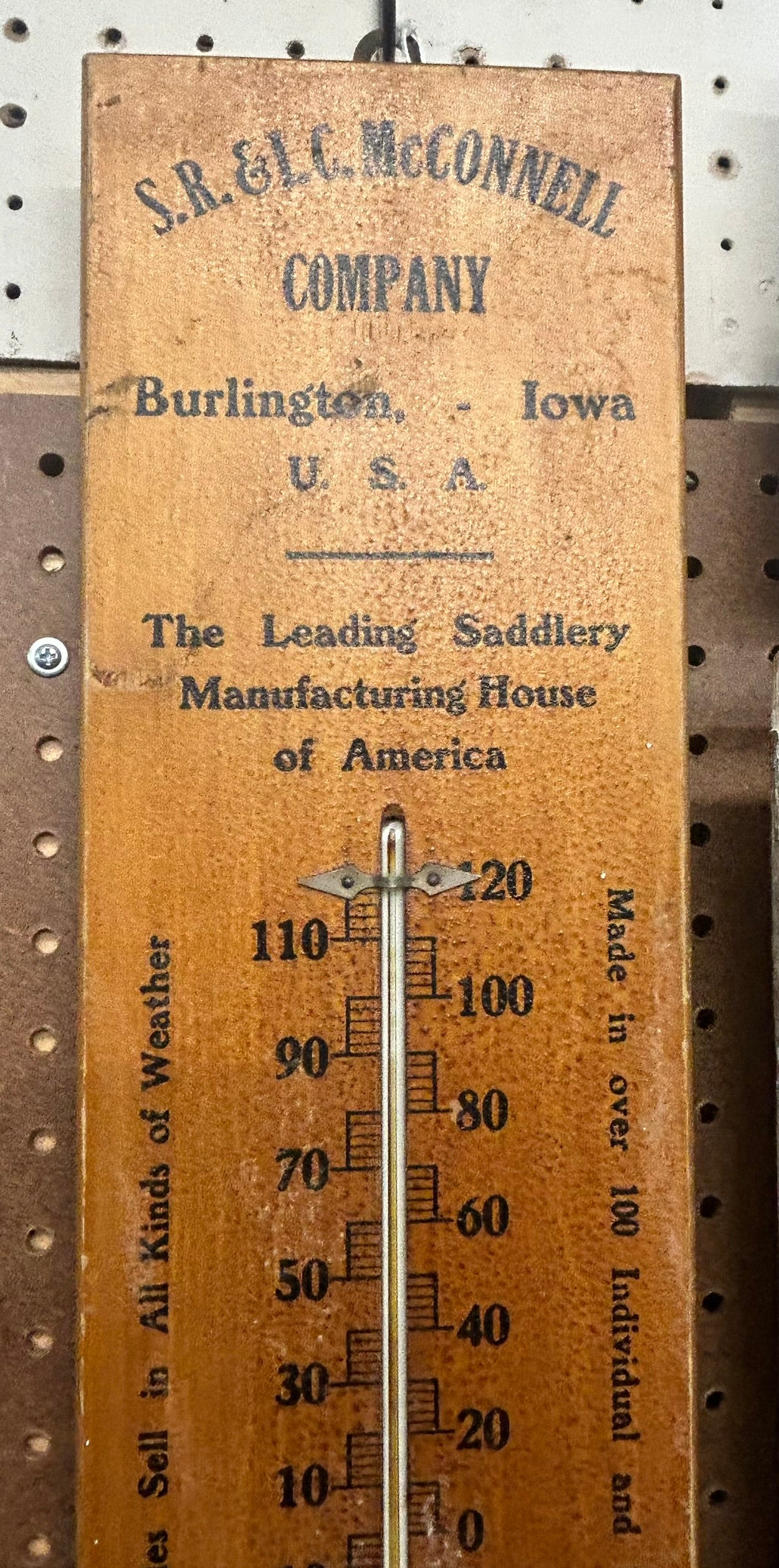 ANTIQUE WOOD ADVERTISING THERMOMETER FOR IOWA SADDLE MAKER MCCONNELL