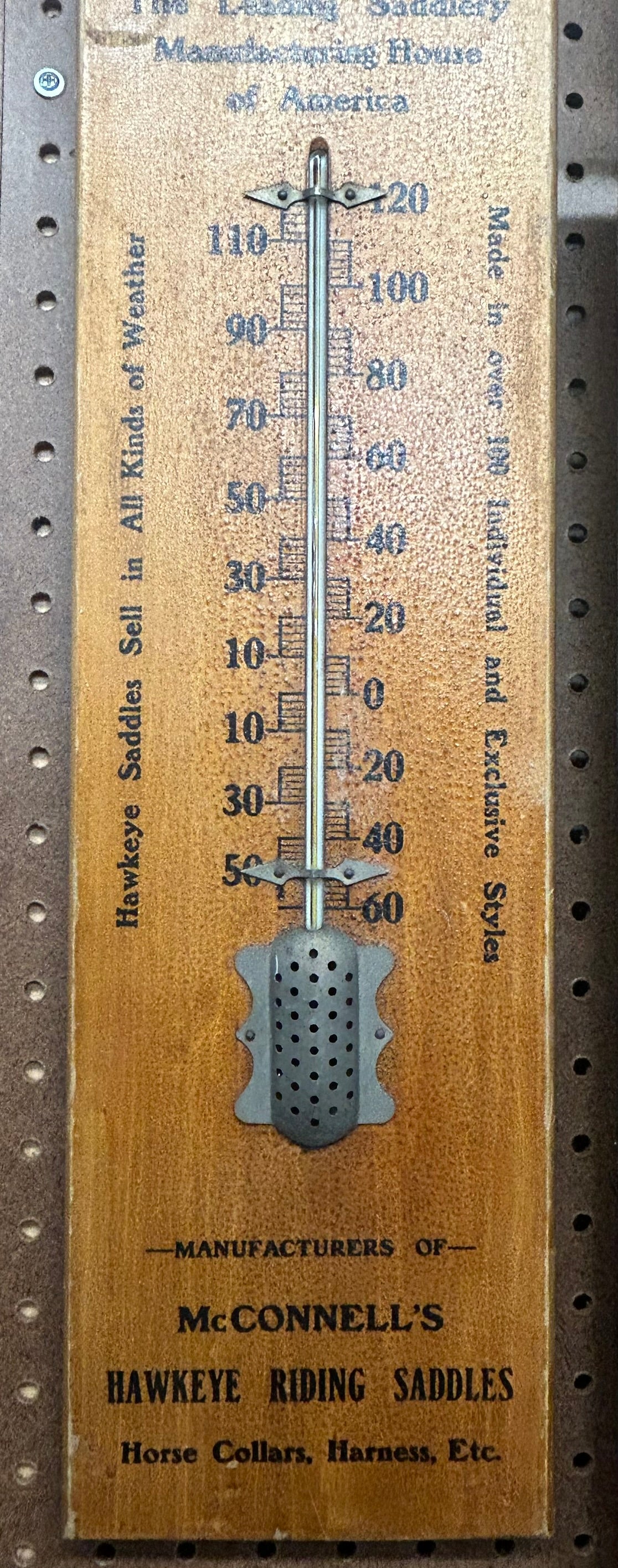 ANTIQUE WOOD ADVERTISING THERMOMETER FOR IOWA SADDLE MAKER MCCONNELL