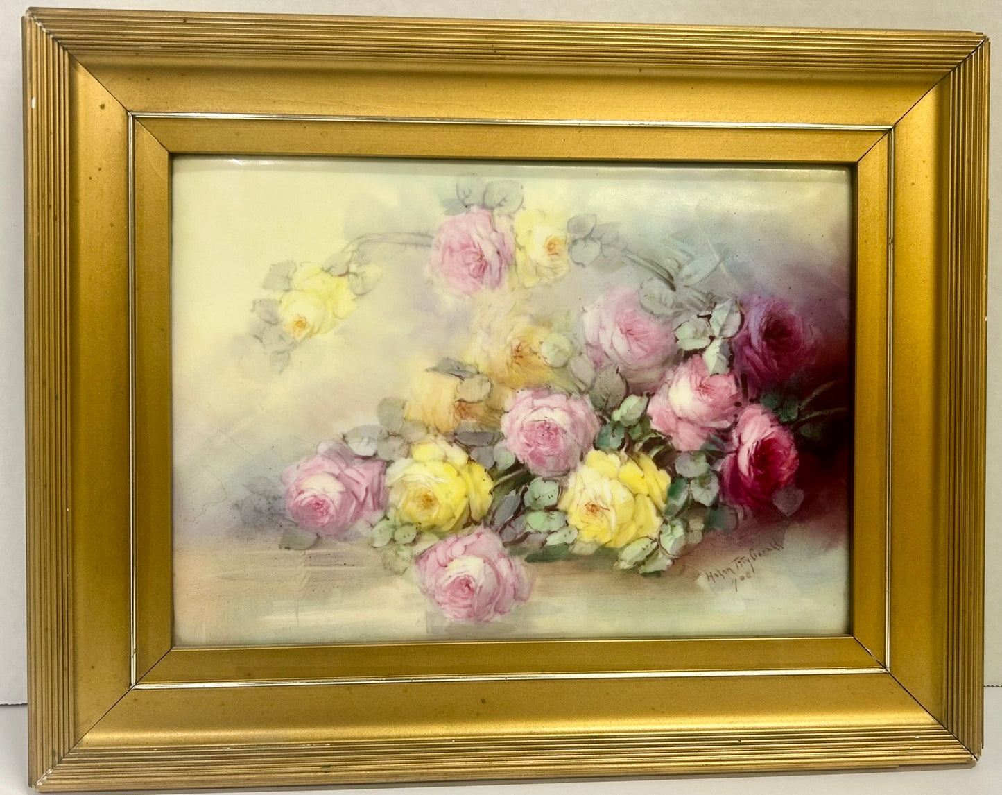 PORCELAIN HAND PAINTED ANTIQUE FLORAL PLAQUE