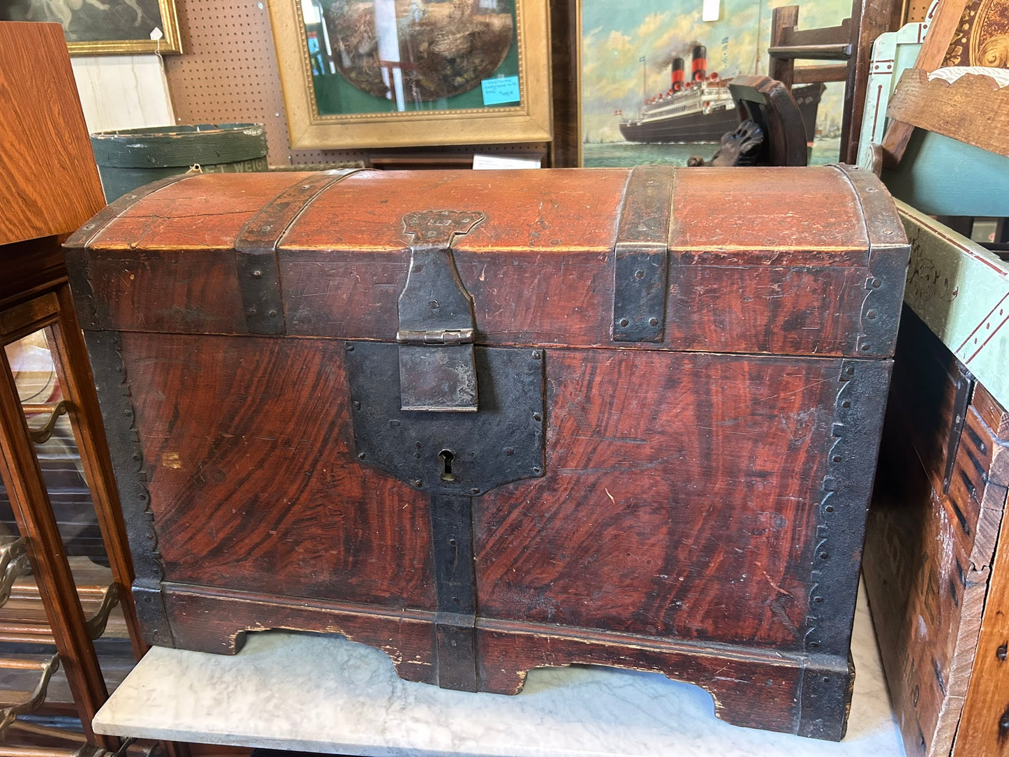 ANTIQUE EARLY DOME TOP CHEST WITH HAND FORGED HARDWARE