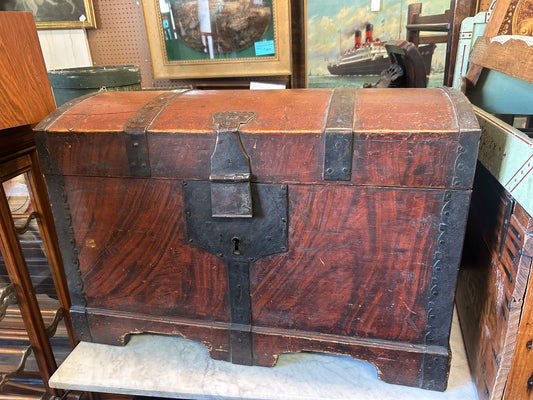 ANTIQUE EARLY DOME TOP CHEST WITH HAND FORGED HARDWARE